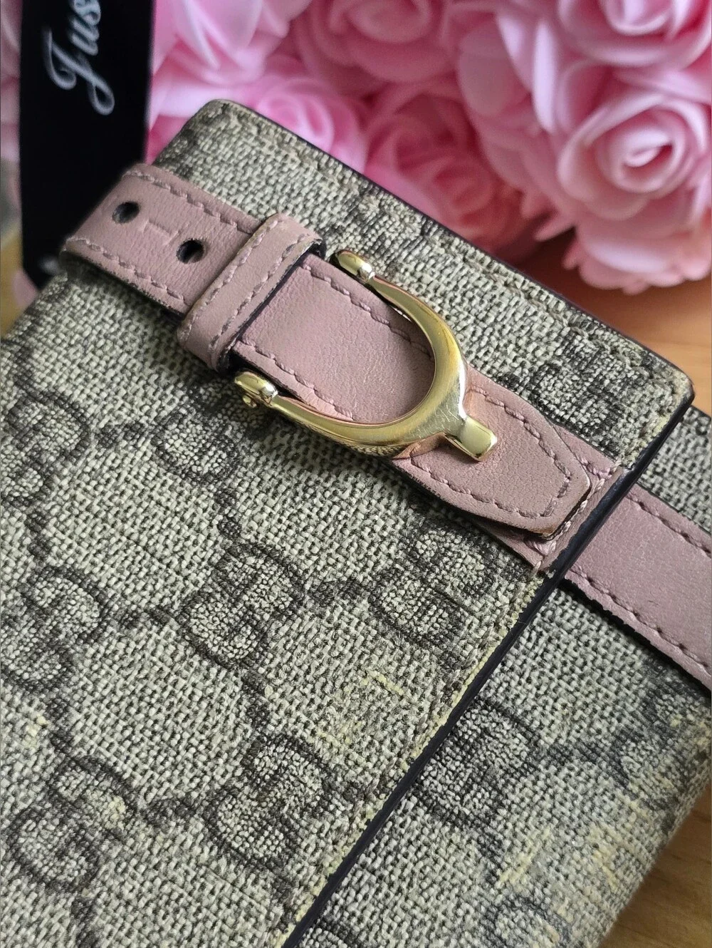 Gucci Beige Pink GG Canvas Gold Horsebit Wallet